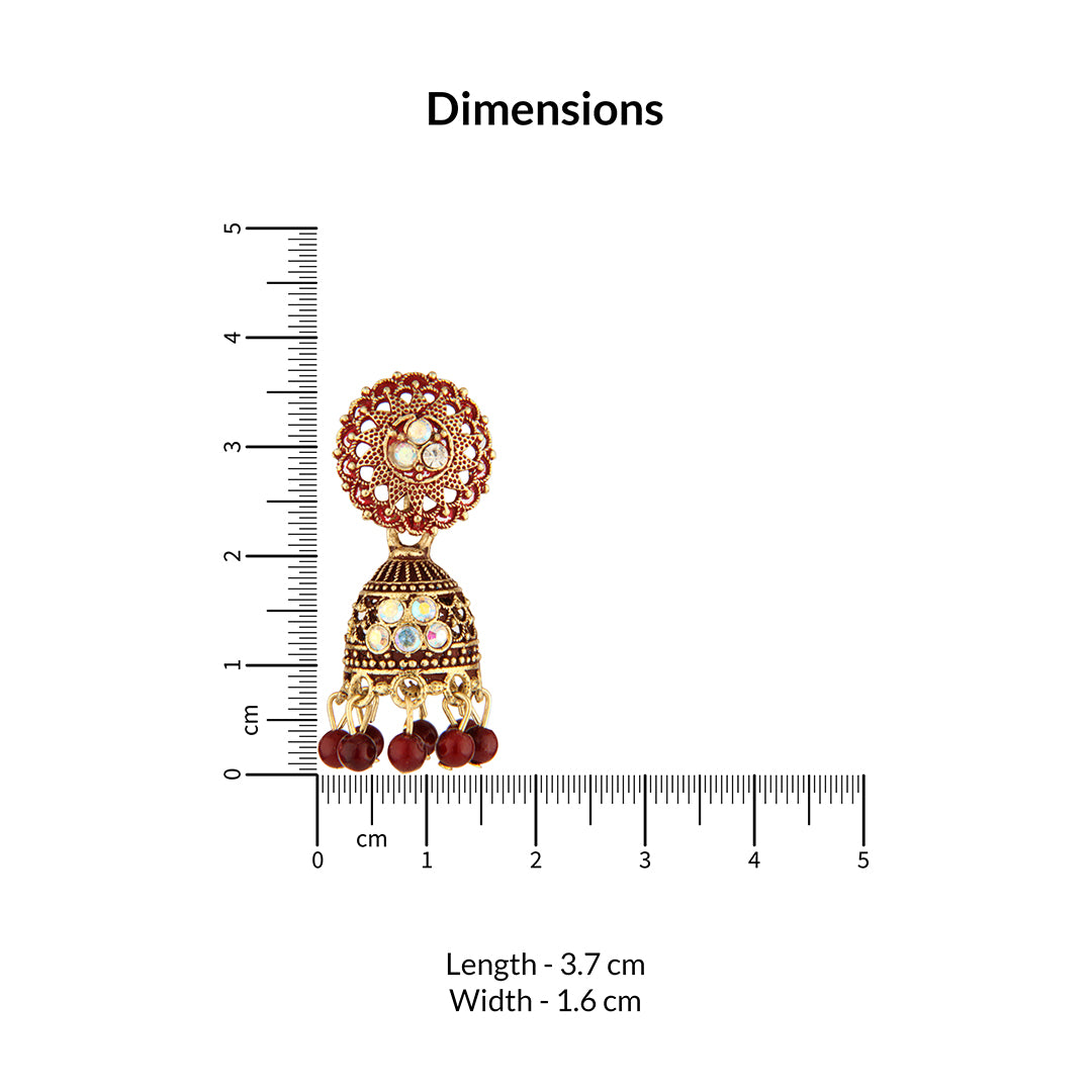 Antique Gold Oxidized Red Enamel Jhumka Earrings with Iridescent Crystals