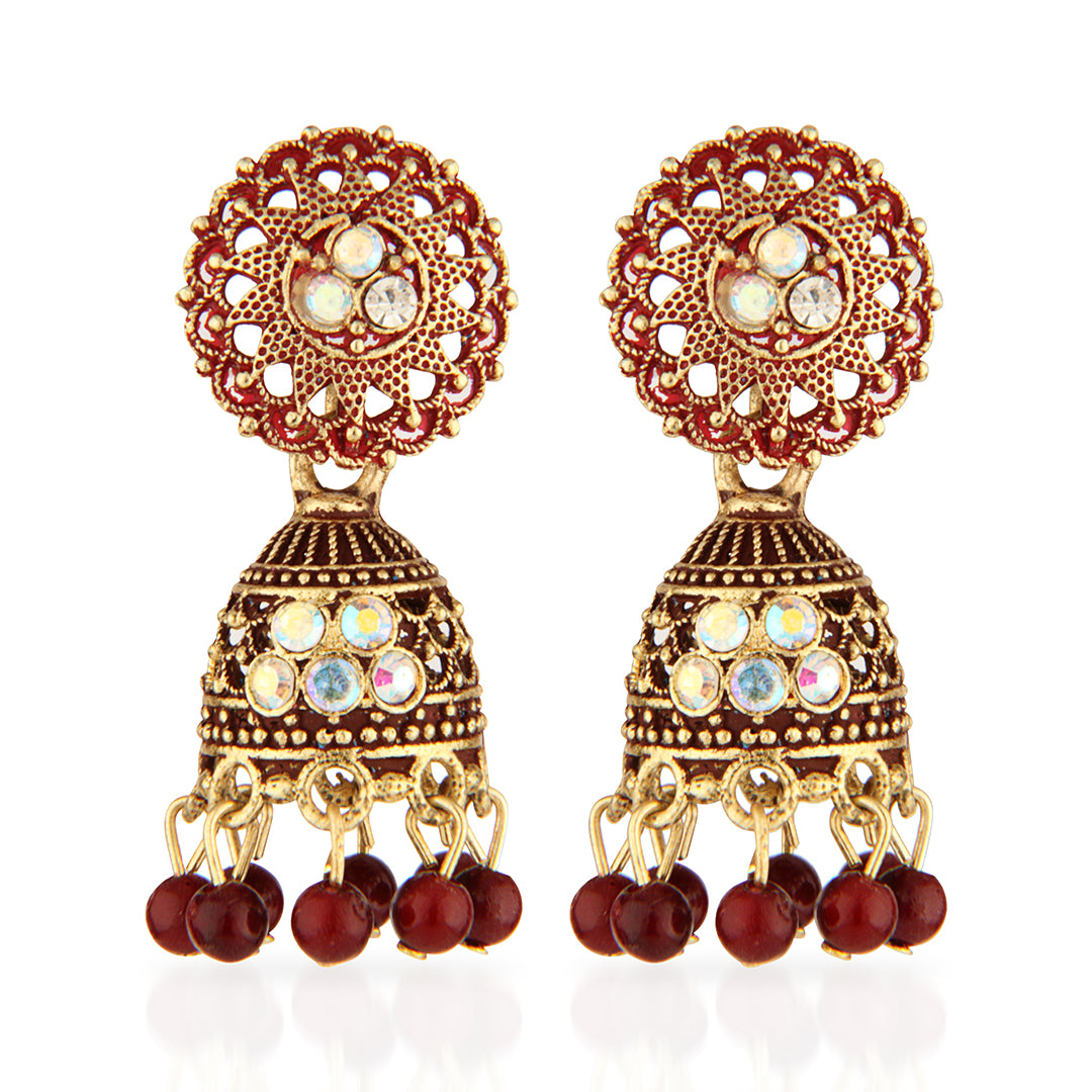 Antique Gold Oxidized Red Enamel Jhumka Earrings with Iridescent Crystals