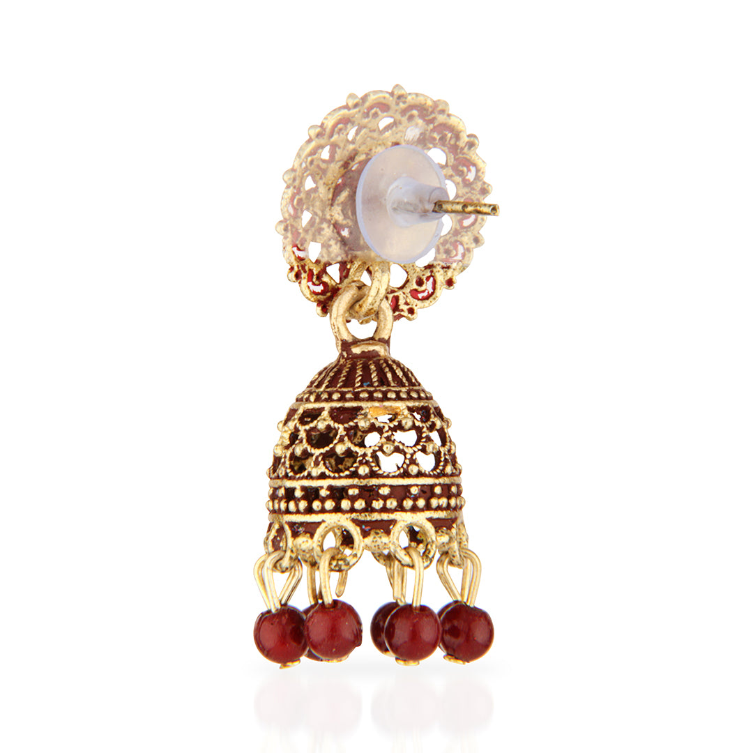 Antique Gold Oxidized Red Enamel Jhumka Earrings with Iridescent Crystals