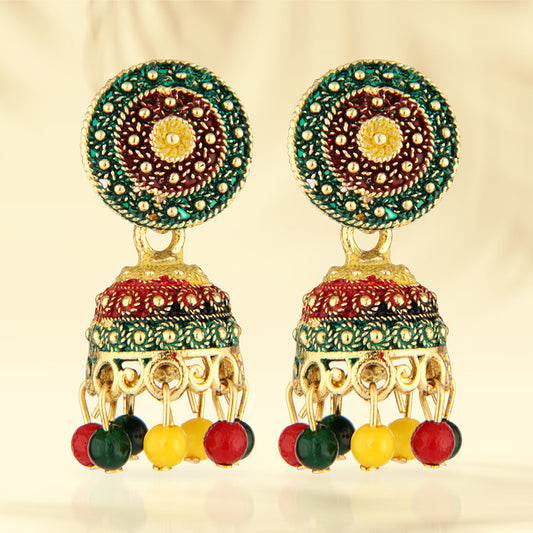 Antique Gold Oxidized Multi-Color Enamel Jhumka Earrings with Beads