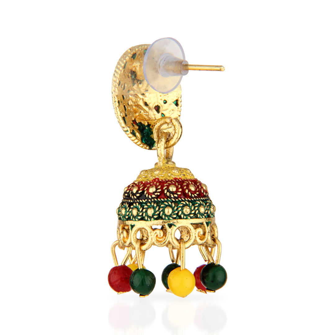 Antique Gold Oxidized Multi-Color Enamel Jhumka Earrings with Beads