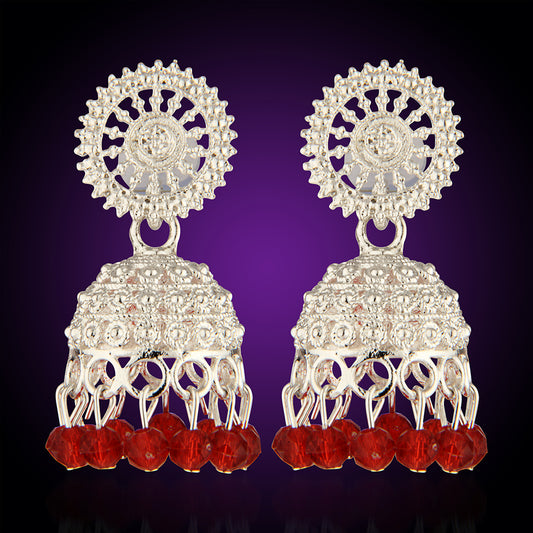 Oxidized Silver Intricate Jhumka Earrings with Red Crystal Beads