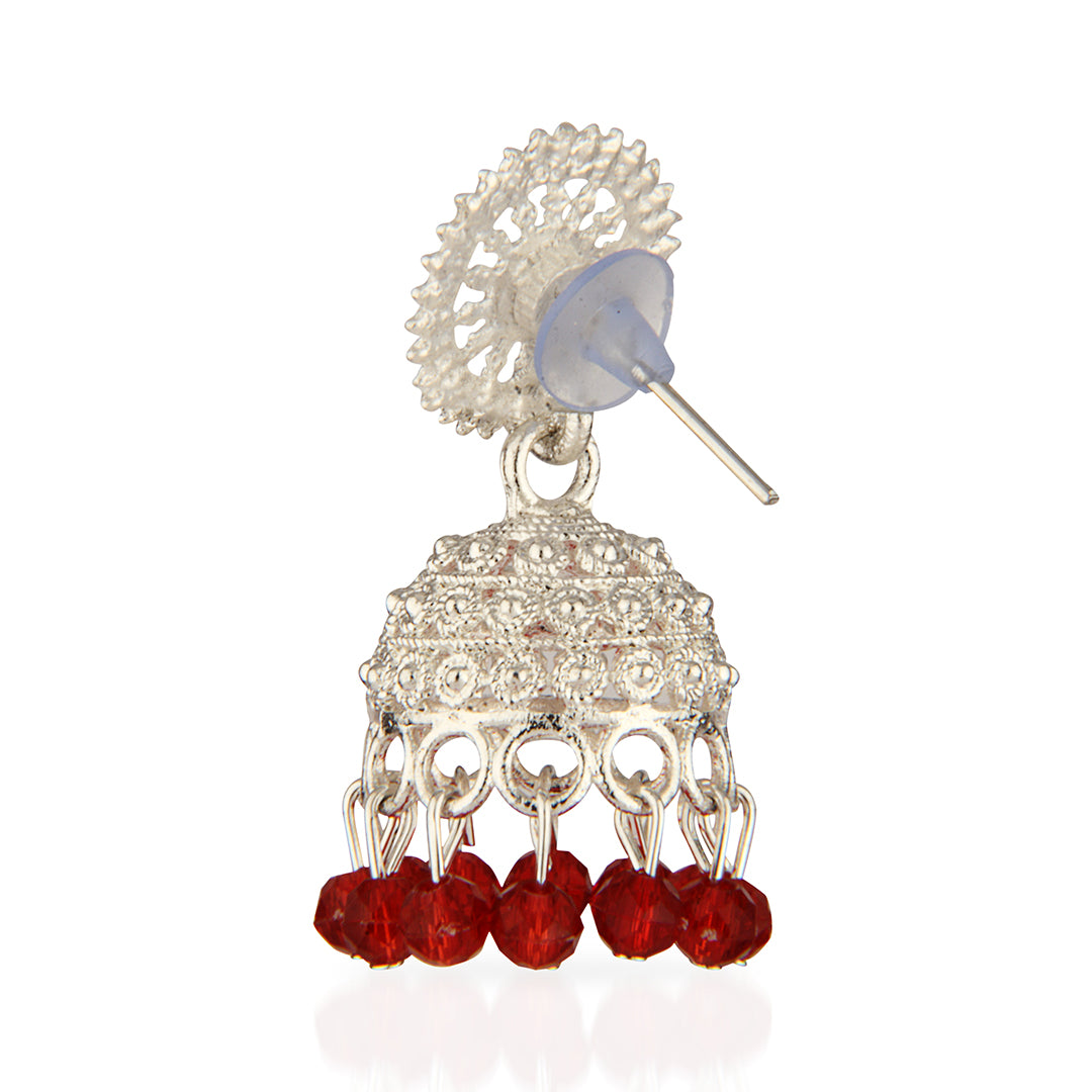 Oxidized Silver Intricate Jhumka Earrings with Red Crystal Beads