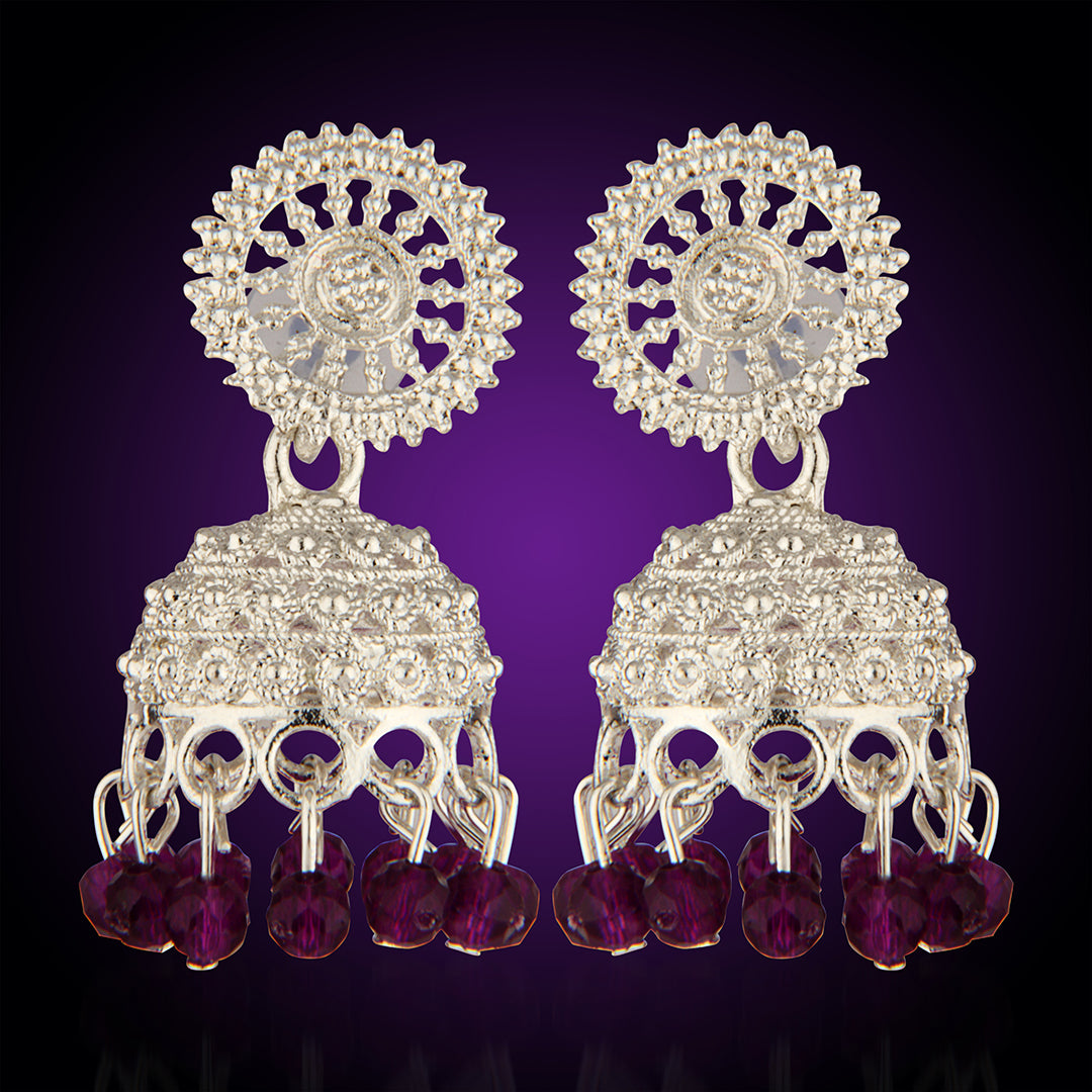 Oxidized Silver Intricate Jhumka Earrings with Purple Crystal Beads