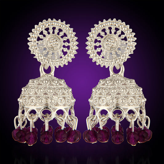 Oxidized Silver Intricate Jhumka Earrings with Purple Crystal Beads