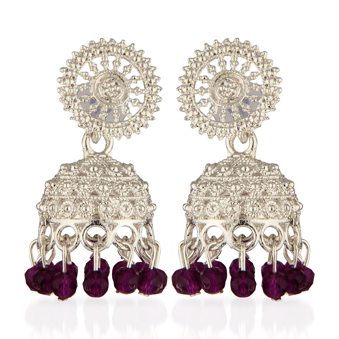 Oxidized Silver Intricate Jhumka Earrings with Purple Crystal Beads