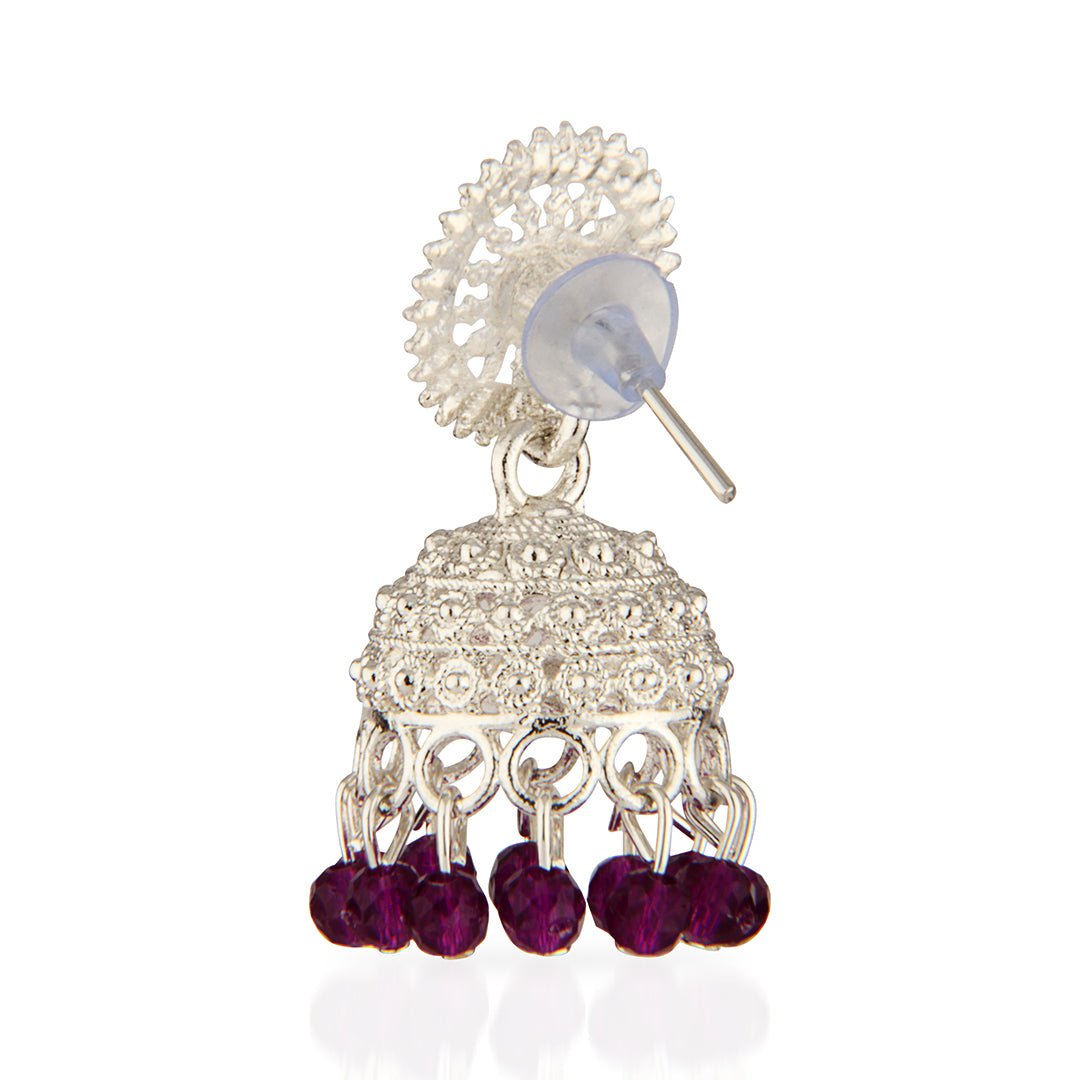 Oxidized Silver Intricate Jhumka Earrings with Purple Crystal Beads