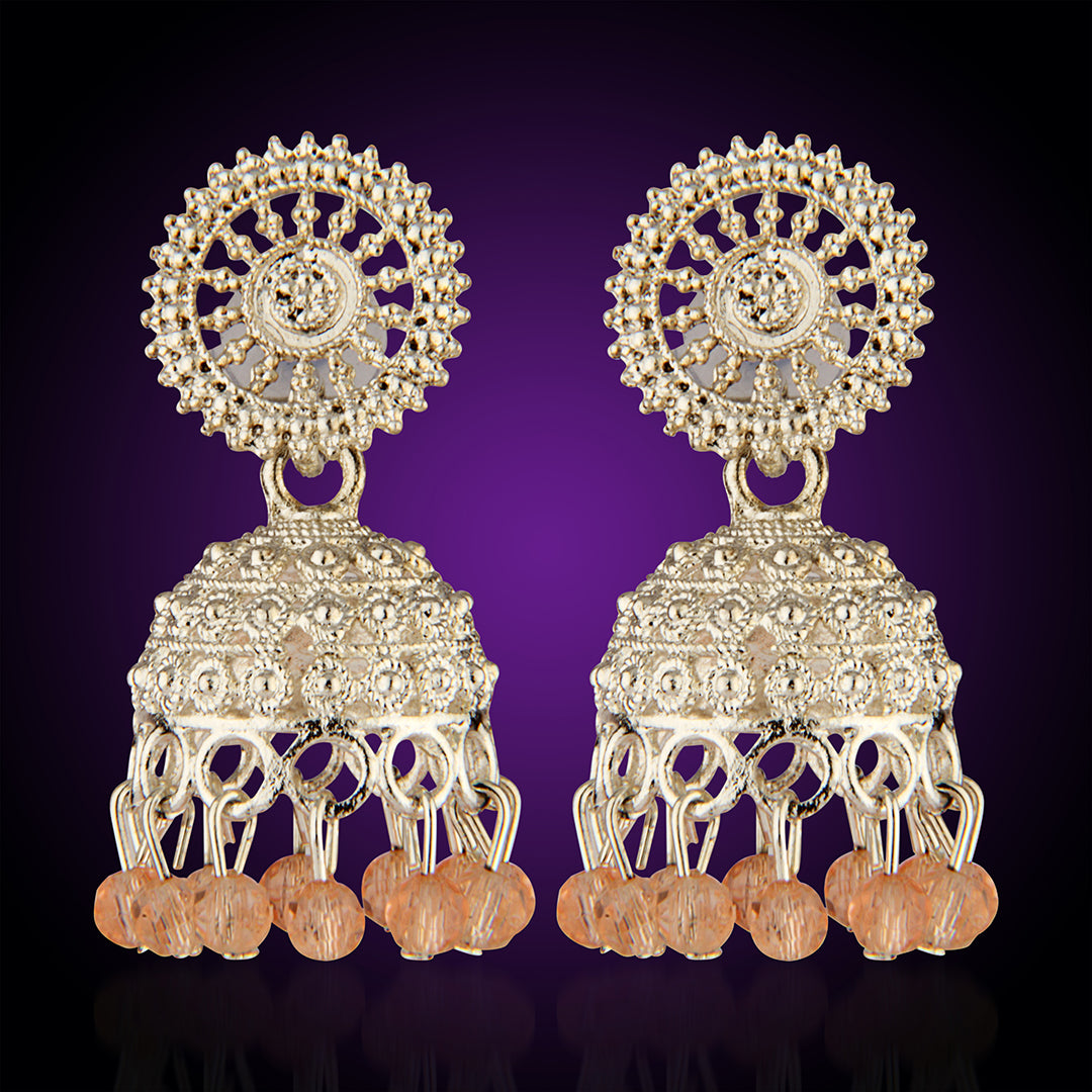 Oxidized Silver Intricate Jhumka Earrings with Peach Crystal Beads