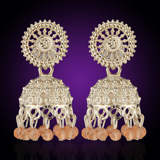Oxidized Silver Intricate Jhumka Earrings with Peach Crystal Beads