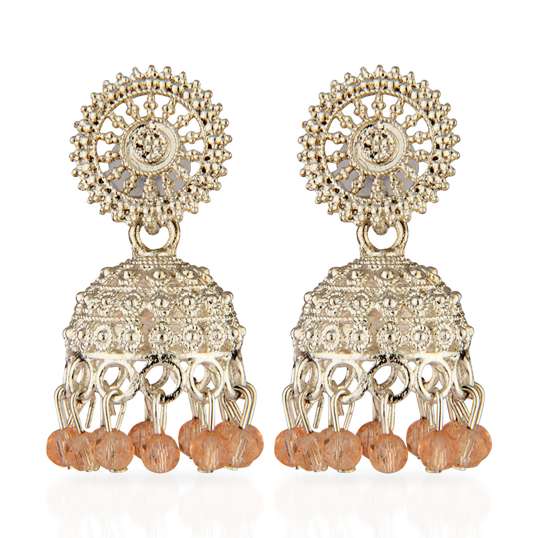 Oxidized Silver Intricate Jhumka Earrings with Peach Crystal Beads