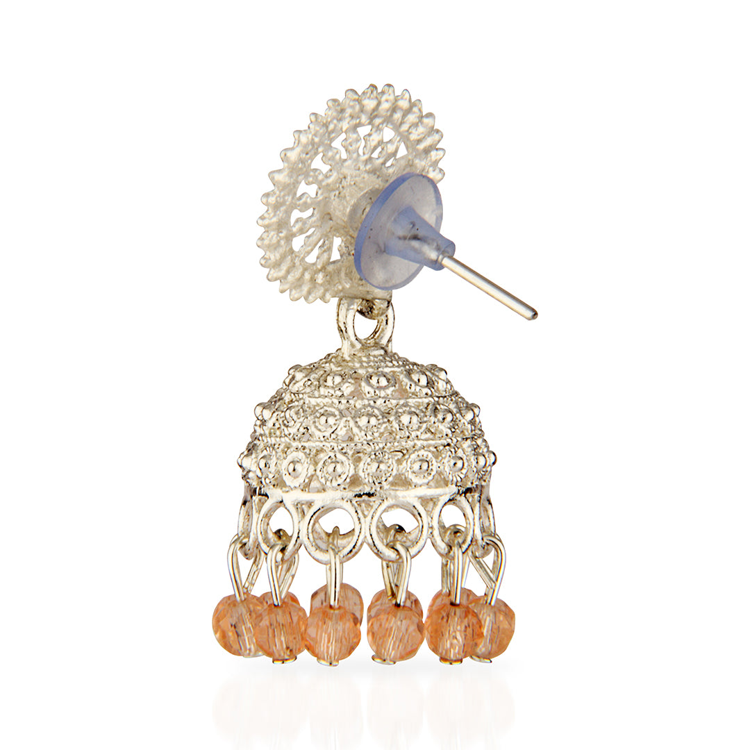 Oxidized Silver Intricate Jhumka Earrings with Peach Crystal Beads