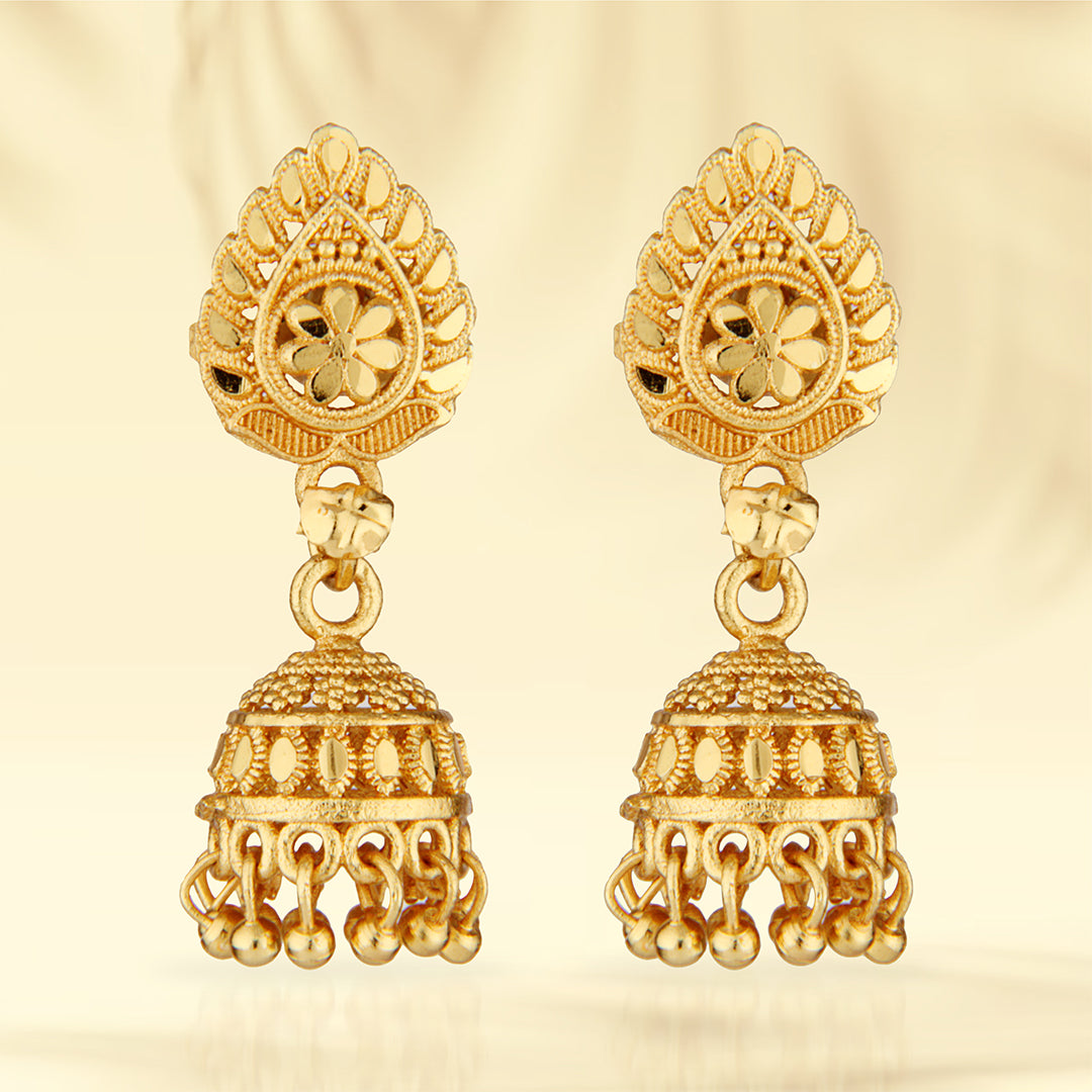 Gold Plated Traditional Floral Jhumka Earrings with Ghungroo