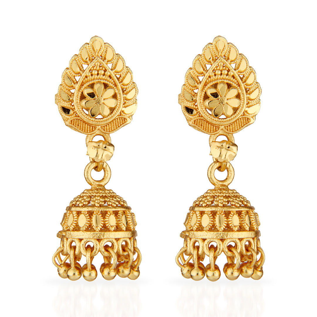 Gold Plated Traditional Floral Jhumka Earrings with Ghungroo