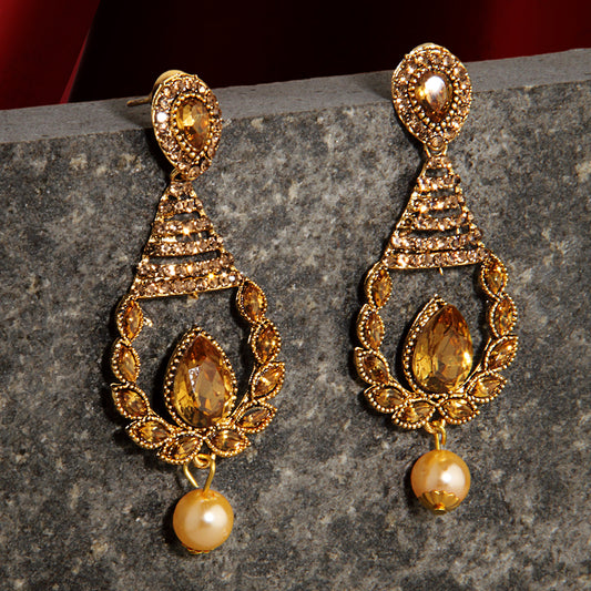Antique Gold Oxidized Drop Earrings with Champagne Stones & Pearl