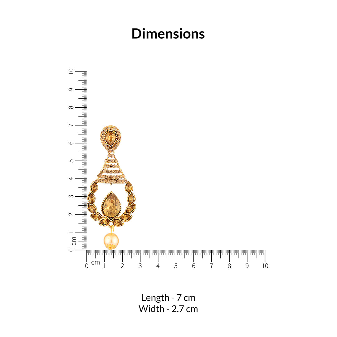 Antique Gold Oxidized Drop Earrings with Champagne Stones & Pearl