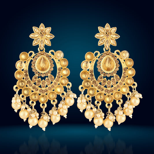 Antique Gold Oxidized Chandbali Earrings with Champagne Stones & Pearls