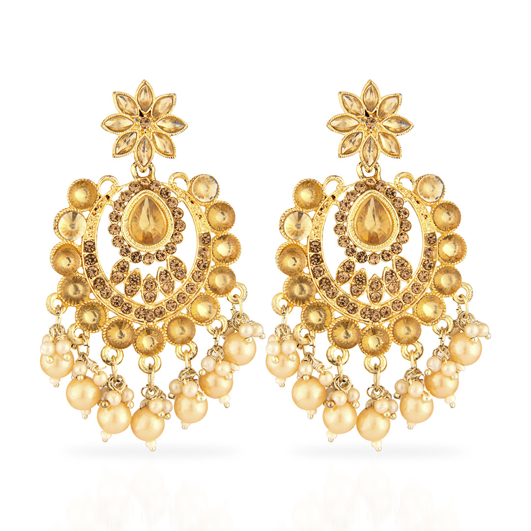 Antique Gold Oxidized Chandbali Earrings with Champagne Stones & Pearls