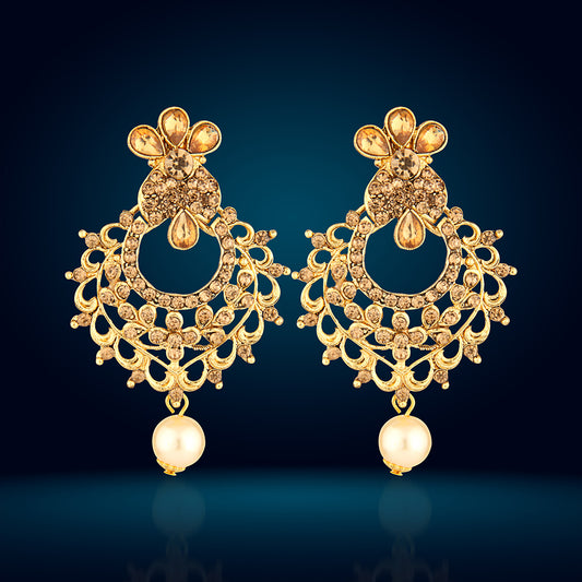 Antique Gold Oxidized Statement Chandbali Earrings with Champagne Stones & Pearls