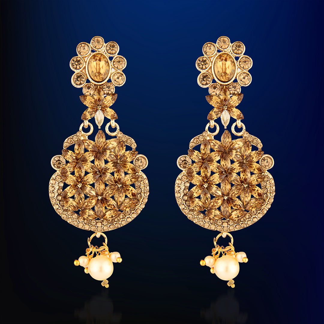 Antique Gold Oxidized Grand Floral Drop Earrings with Champagne Stones & Pearls