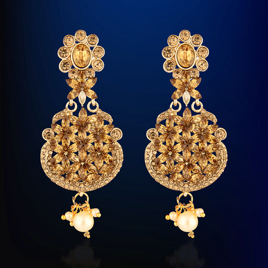 Antique Gold Oxidized Grand Floral Drop Earrings with Champagne Stones & Pearls