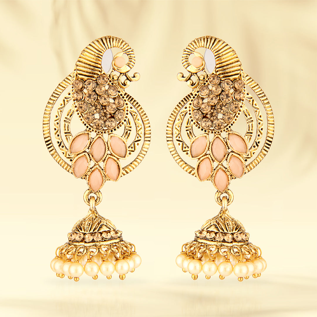 Antique Gold Oxidized Peacock Jhumka Earrings with Peach Stones & Pearls