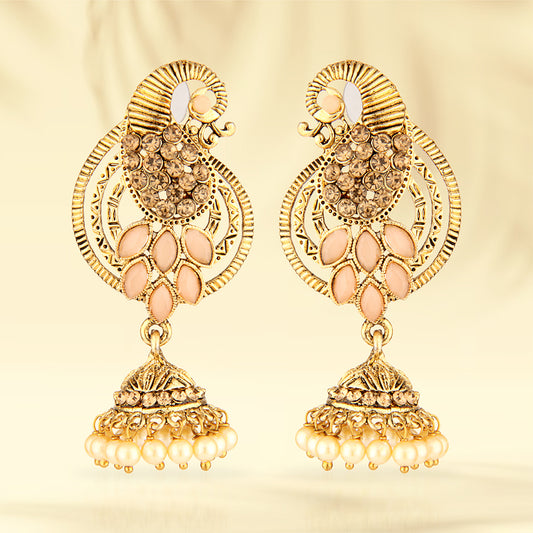 Antique Gold Oxidized Peacock Jhumka Earrings with Peach Stones & Pearls