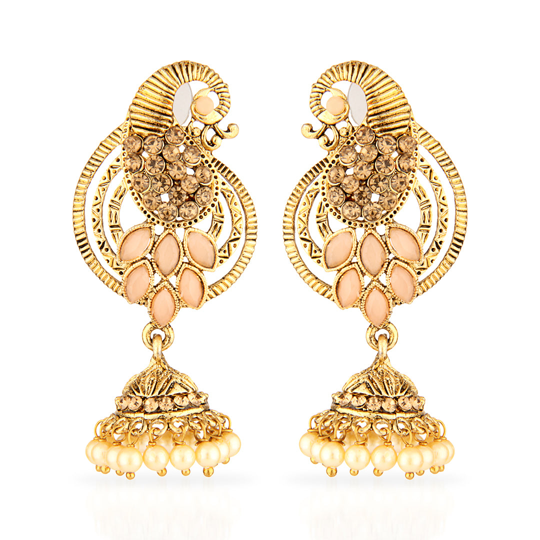 Antique Gold Oxidized Peacock Jhumka Earrings with Peach Stones & Pearls