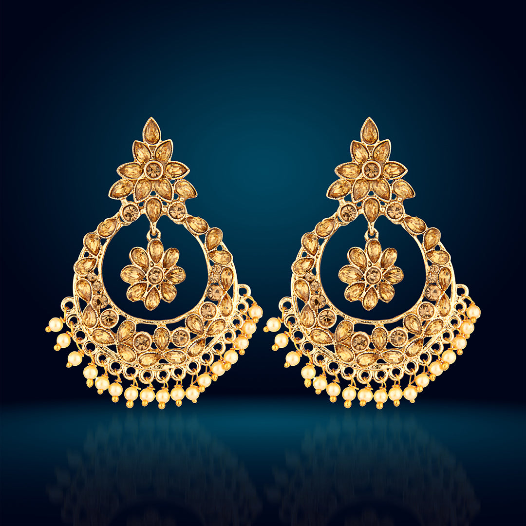 Antique Gold Oxidized Grand Chandbali Earrings with Champagne Stones & Pearls