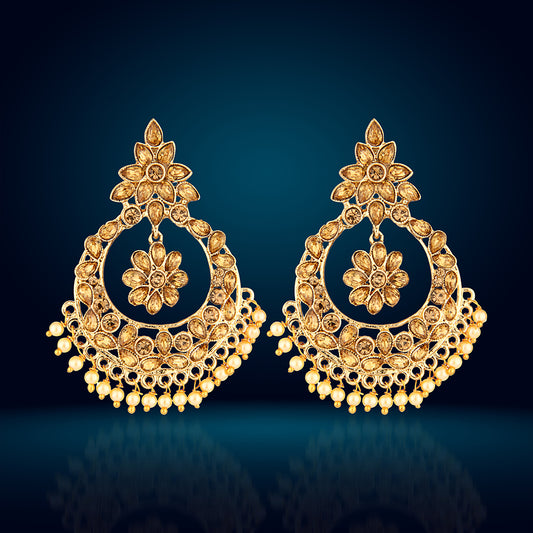 Antique Gold Oxidized Grand Chandbali Earrings with Champagne Stones & Pearls