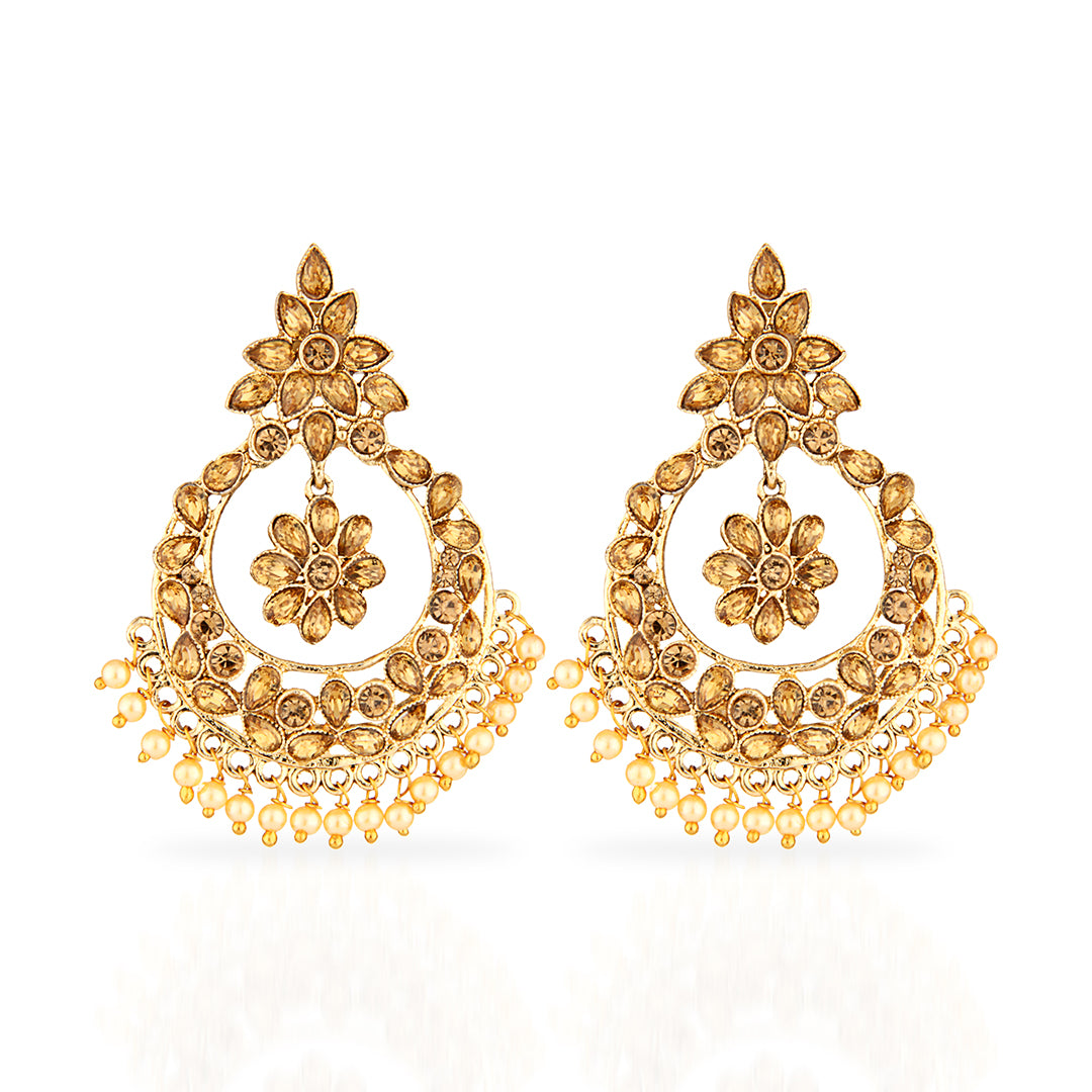 Antique Gold Oxidized Grand Chandbali Earrings with Champagne Stones & Pearls