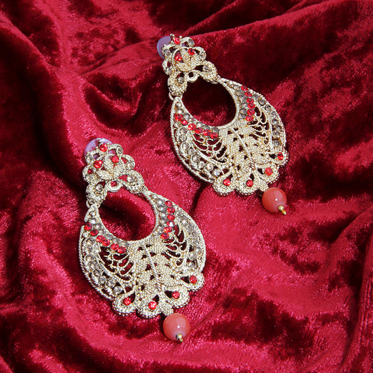 Antique Gold Oxidized Dual-Tone Chandbali Earrings with Red & Champagne Stones