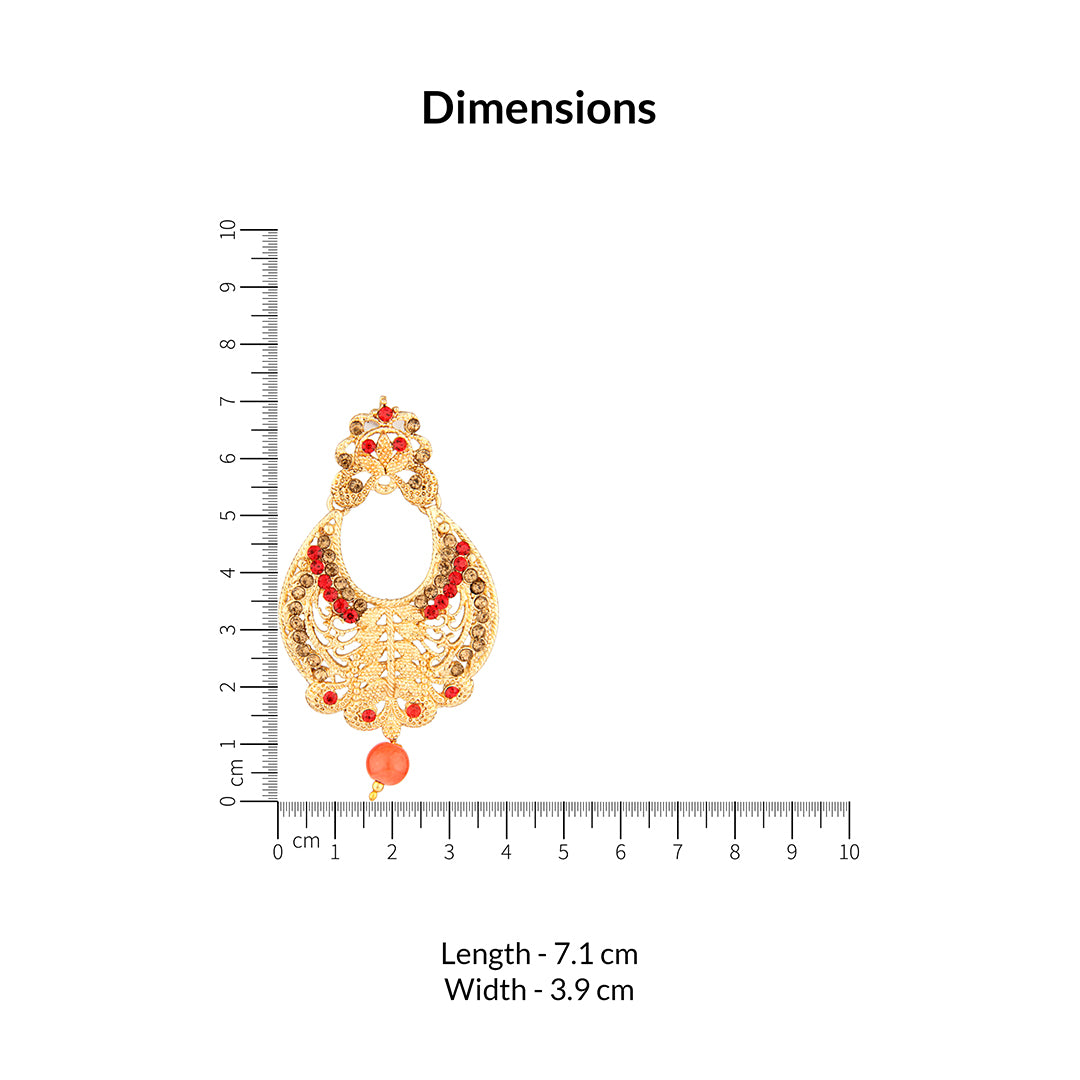 Antique Gold Oxidized Dual-Tone Chandbali Earrings with Red & Champagne Stones