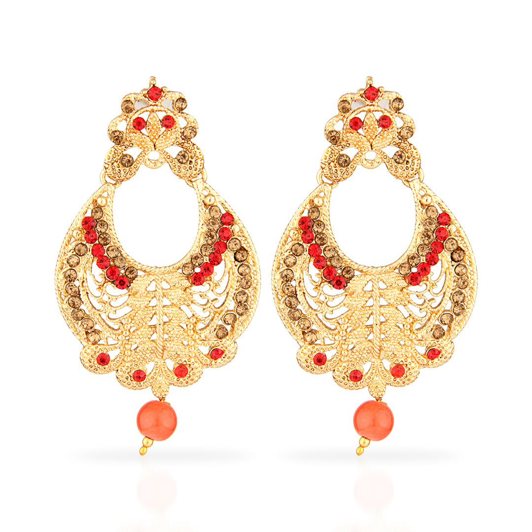 Antique Gold Oxidized Dual-Tone Chandbali Earrings with Red & Champagne Stones