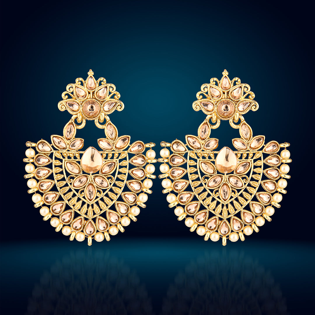 Antique Gold Oxidized Grand Peacock Chandbali Earrings with Champagne Stones & Pearls
