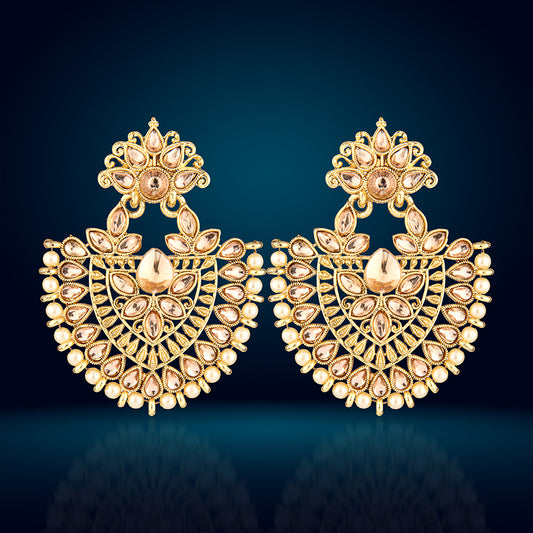 Antique Gold Oxidized Grand Peacock Chandbali Earrings with Champagne Stones & Pearls