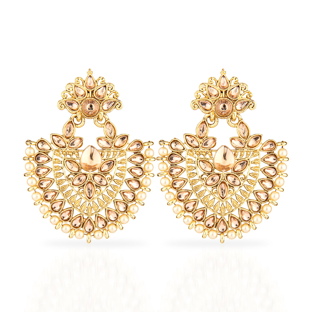 Antique Gold Oxidized Grand Peacock Chandbali Earrings with Champagne Stones & Pearls
