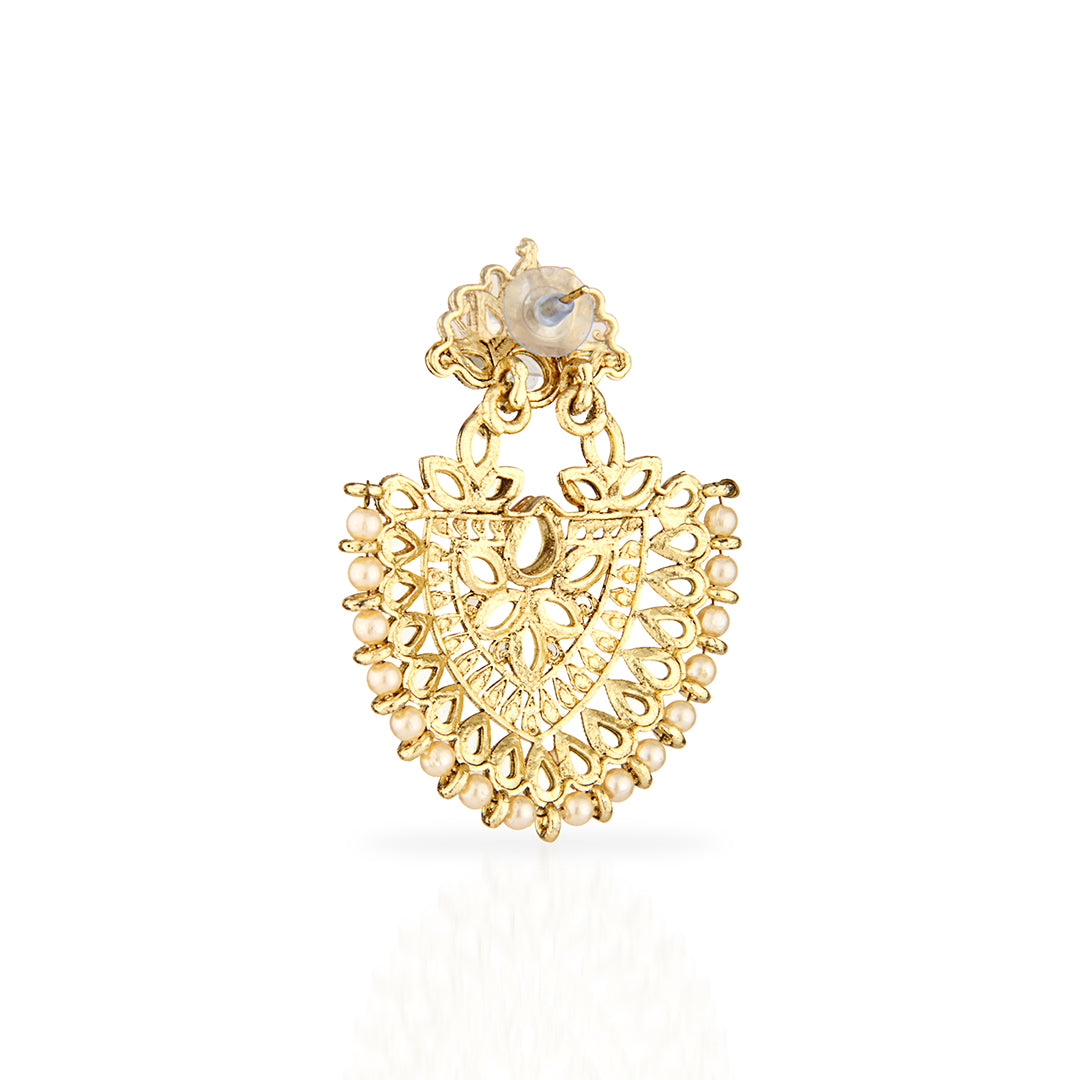 Antique Gold Oxidized Grand Peacock Chandbali Earrings with Champagne Stones & Pearls