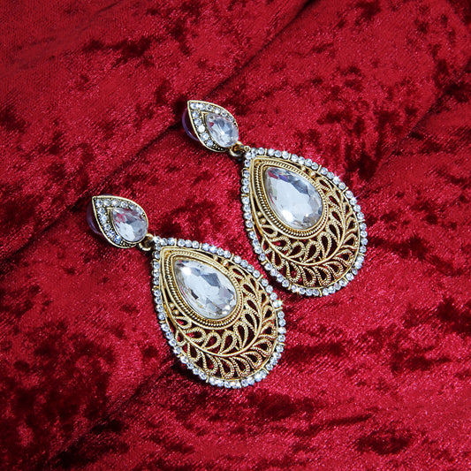 Antique Gold Oxidized Statement Drop Earrings with Large Crystals
