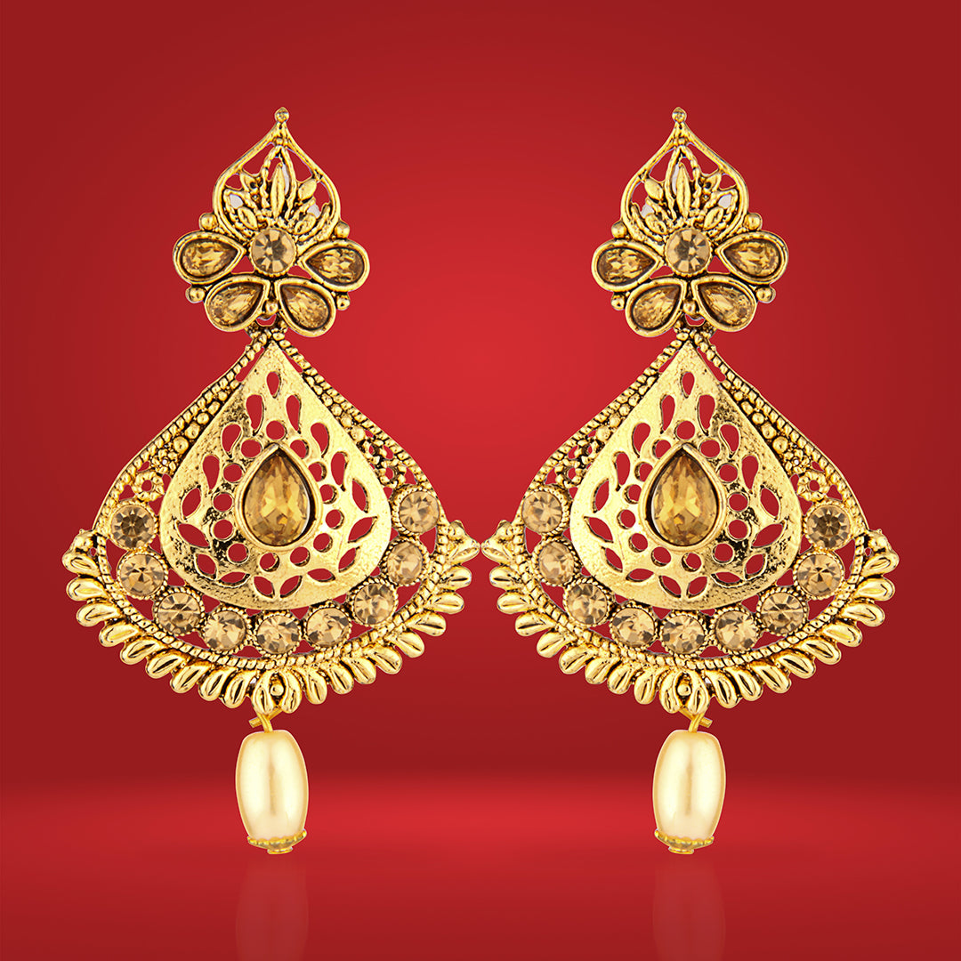 Antique Gold Oxidized Grand Drop Earrings with Champagne Stones & Pearl