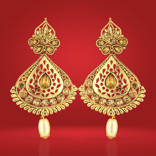 Antique Gold Oxidized Grand Drop Earrings with Champagne Stones & Pearl