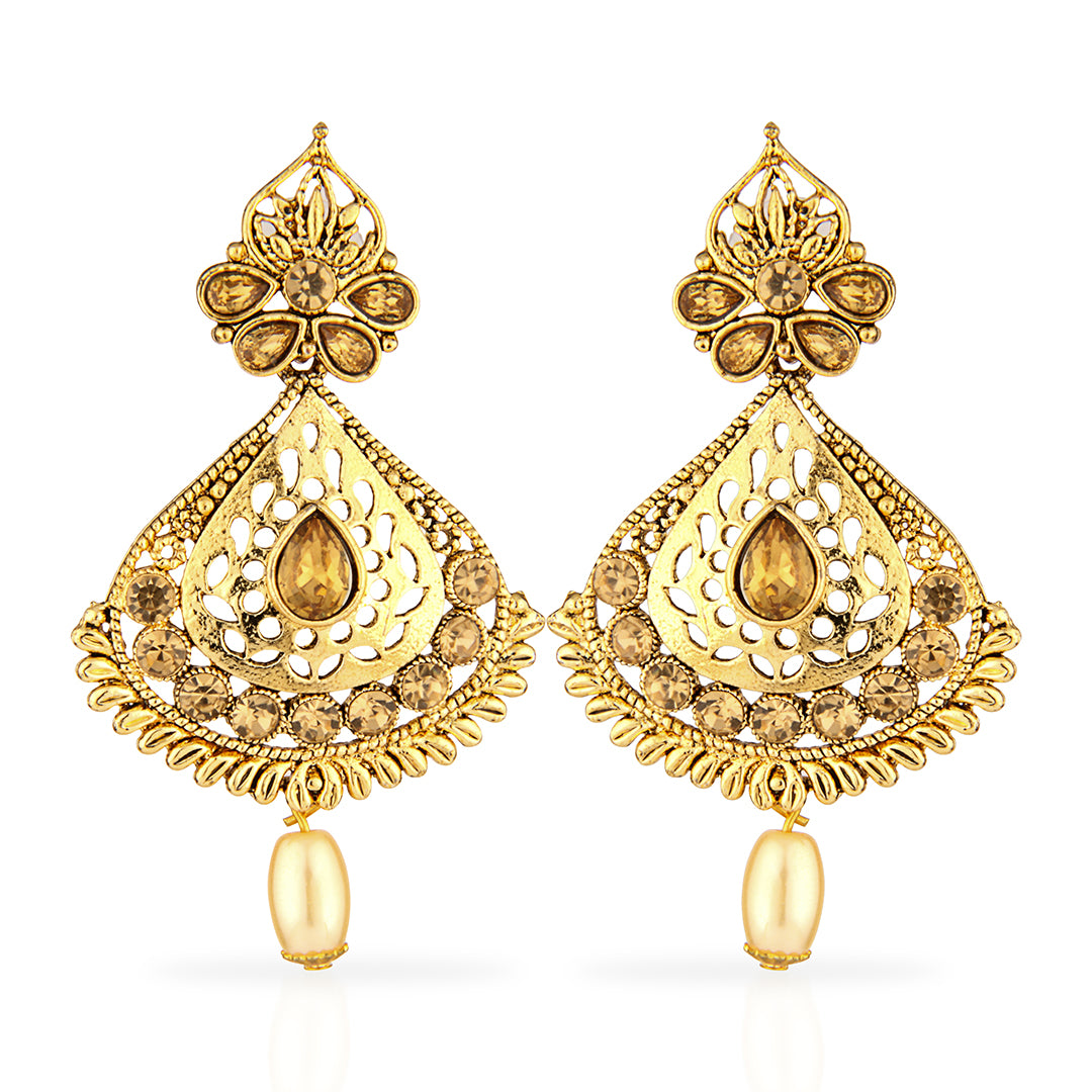 Antique Gold Oxidized Grand Drop Earrings with Champagne Stones & Pearl