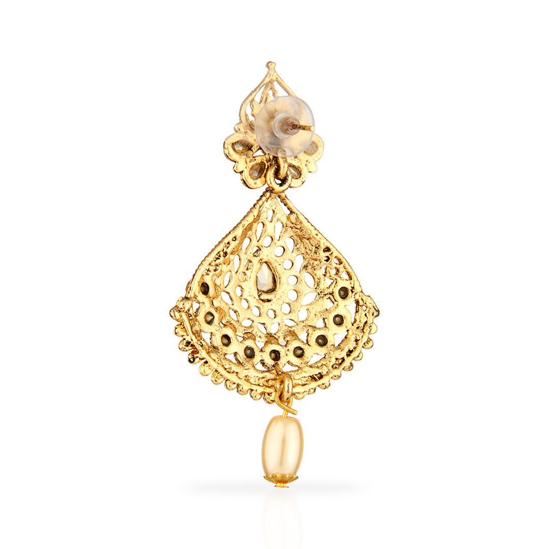 Antique Gold Oxidized Grand Drop Earrings with Champagne Stones & Pearl