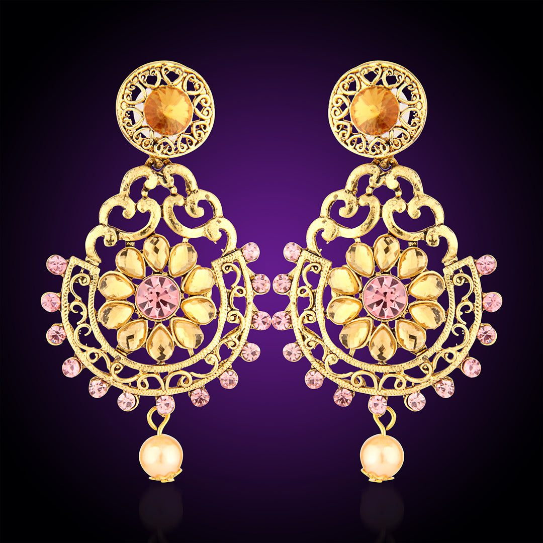 Antique Gold Oxidized Peacock Chandbali Earrings with Pink & Champagne Stones