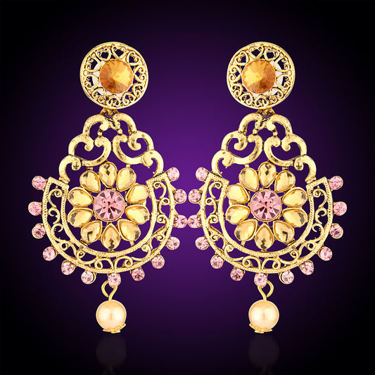 Antique Gold Oxidized Peacock Chandbali Earrings with Pink & Champagne Stones