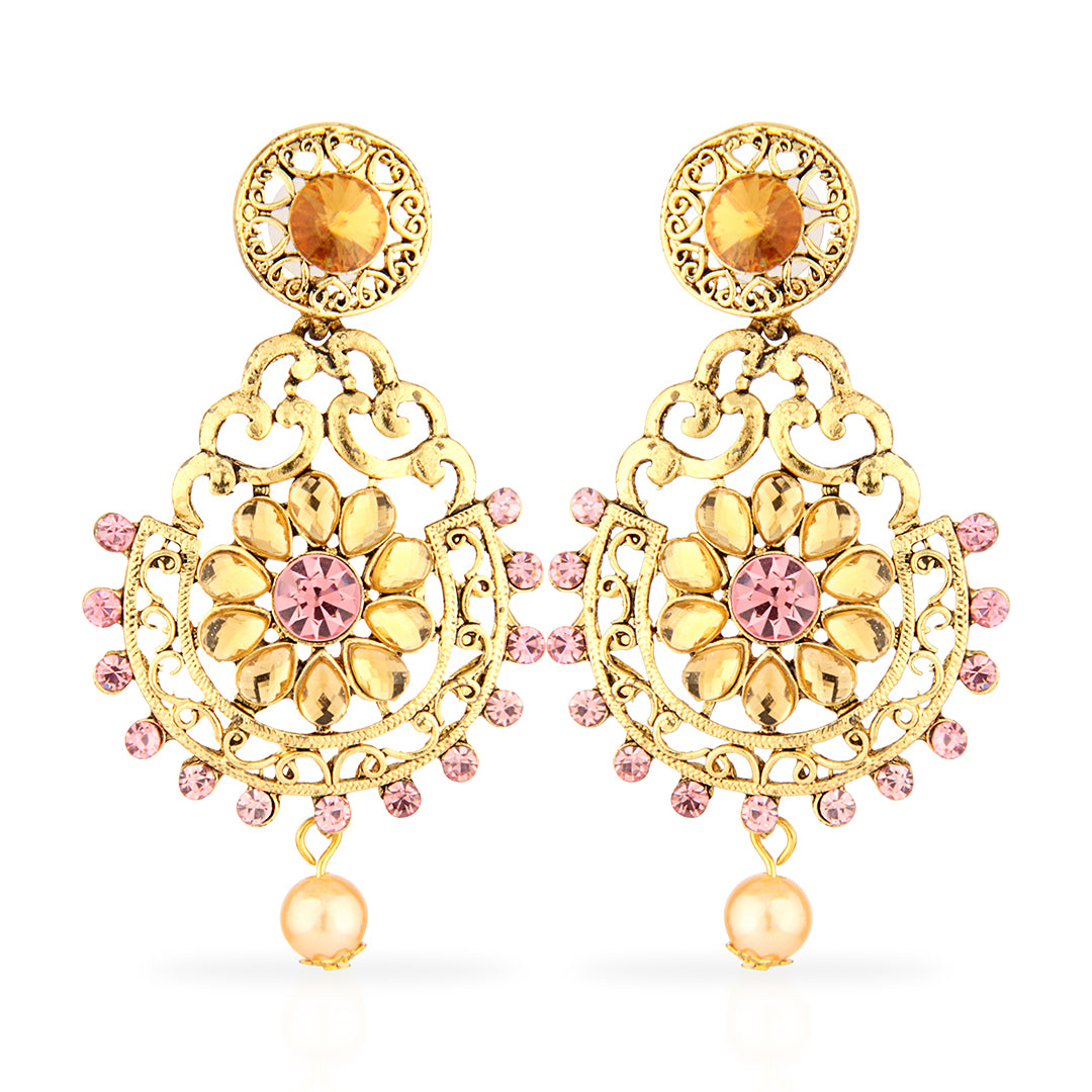 Antique Gold Oxidized Peacock Chandbali Earrings with Pink & Champagne Stones