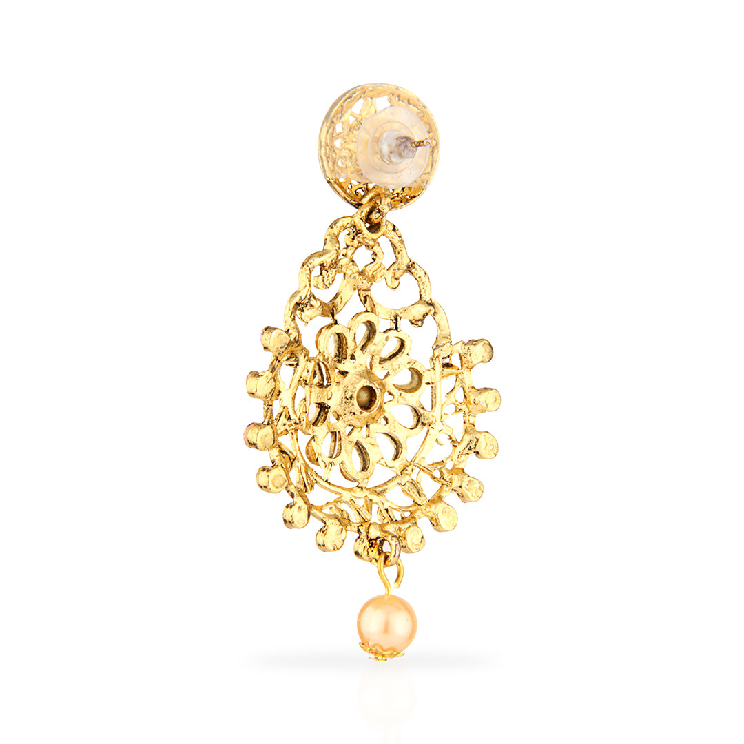 Antique Gold Oxidized Peacock Chandbali Earrings with Pink & Champagne Stones
