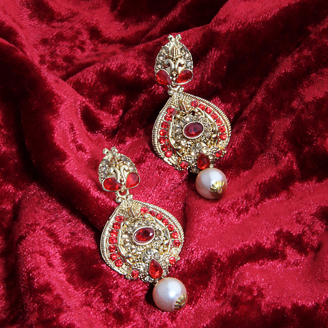 Antique Gold Oxidized Statement Drop Earrings with Red & Champagne Stones