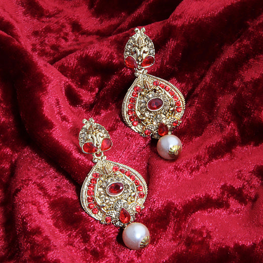 Antique Gold Oxidized Statement Drop Earrings with Red & Champagne Stones