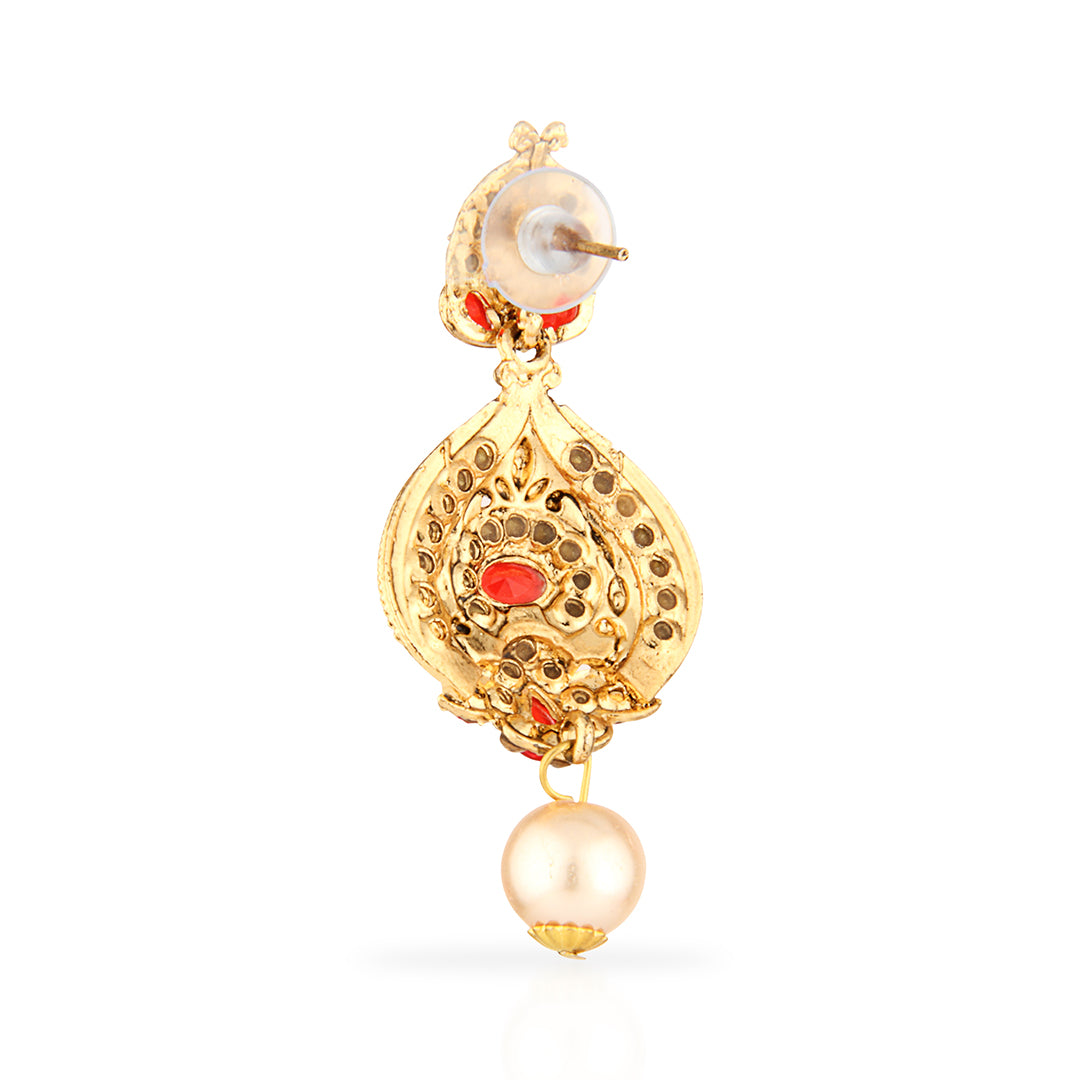 Antique Gold Oxidized Statement Drop Earrings with Red & Champagne Stones