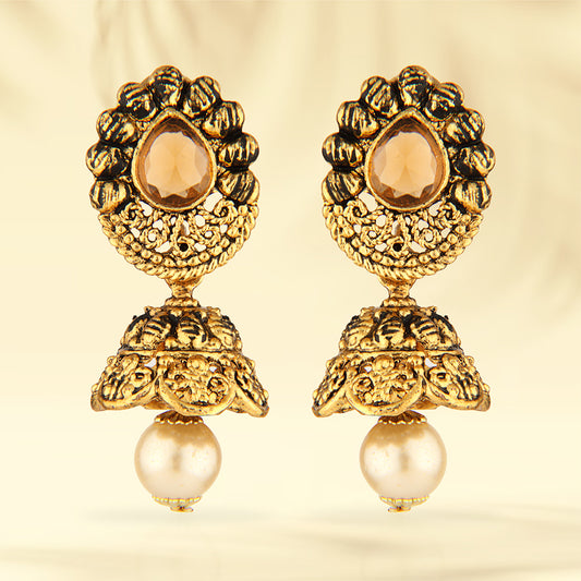 Antique Gold Oxidized Traditional Jhumka Earrings with Peach Stone & Pearl
